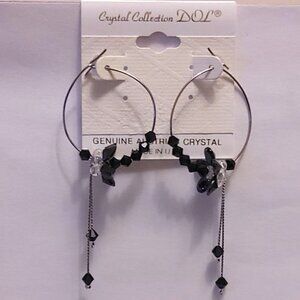 NEW Genuine Black Austrian Crystal Floral Hoop Earrings 30mm Women Jewelry